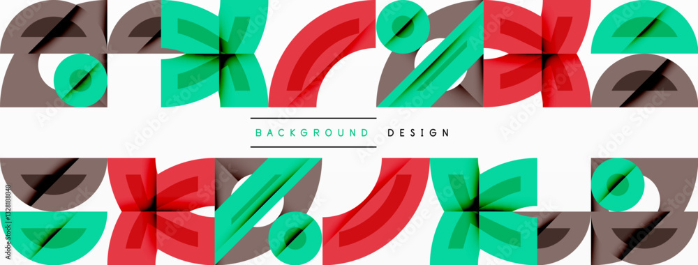 Poster Abstract geometric background with shapes, featuring circular and rounded elements. Bold contrast, smooth gradients, dynamic composition, futuristic style