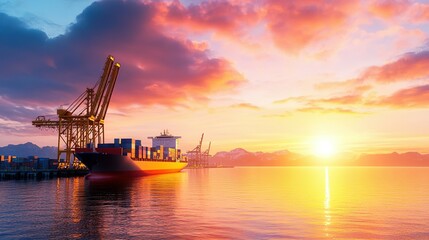 Obraz premium A cargo ship docked at a port during a beautiful sunset