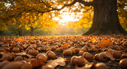 Obraz premium A stunning autumn scene featuring numerous acorns scattered on the ground under a majestic oak tree bathed in the warm glow of a setting sun. The golden light illuminates the fallen leaves