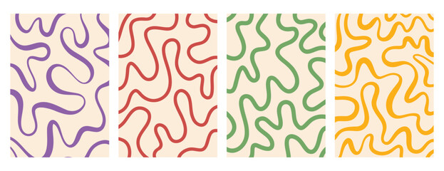 retro vintage background twisted lines, fluid, curved, wiggling stripes and waves set. Colorful funky chaotic Liquid ornaments, groovy hippie pattern set.