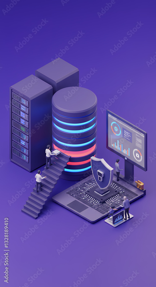 Poster data security solutions: isometric illustration of cybersecurity, cloud computing, and it infrastruc