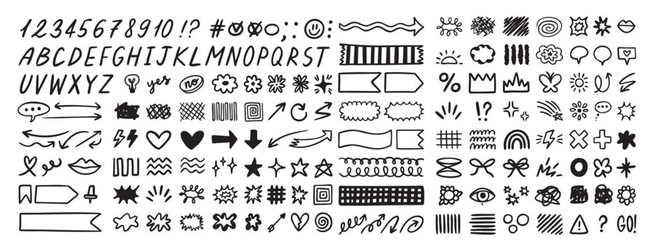 Scribble doodle elements set, paint underline children marker scratch, vector pen squiggle kit collection. Kids hand drawn abstract sketch, alphabet, texture, icons, heart.