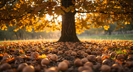 A majestic oak tree casts a golden glow on a carpet of walnuts scattered beneath it. The warm autumn sunlight enhances the colors of the fallen leaves and nuts creating a breathtaking autumnal scene 