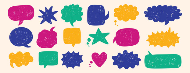text boxes and speech bubbles with grunge crayon or color chalk texture set. Retro vintage illustration on a white background.