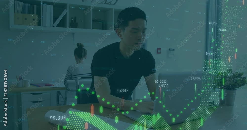 Poster man working on laptop with financial data processing animation over office scene