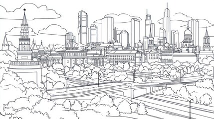 Obraz premium Outline drawing of a cityscape with trees and roads. Possible use Stock photo for educational materials, children's books, or architectural illustrations