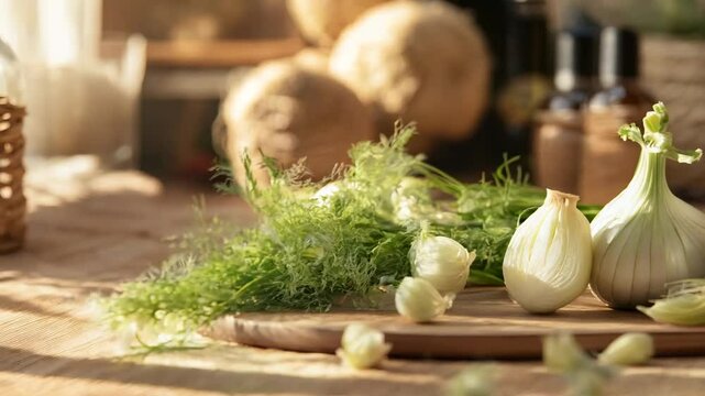 A beautifully lit close-up of fresh fennel bulbs on a wooden cutting board, surrounded by fennel greens and slices. The soft, natural light highlights the crisp texture and delicate 