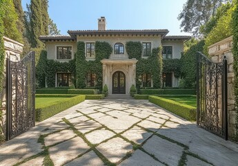 Fototapeta premium Elegant mansion with lush greenery and ornate gates, showcasing stunning architecture and manicured gardens under a clear blue sky in a serene environment