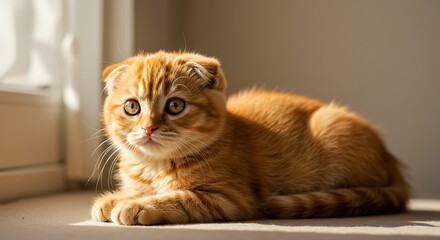 Lying Orange Kitten with Green Eyes Relaxing Near Window Indoors