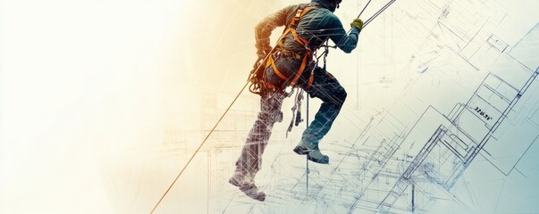 A worker climbing a structure using ropes and safety equipment