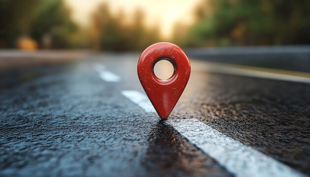 3D realistic location pin with a red map marker on a modern road, highlighting an address and navigation for a location icon design