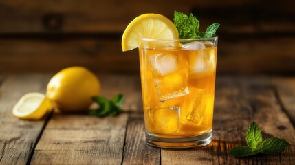 Fototapeta premium Fresh lemons on a rustic wooden table with a honey dipper and jar of golden honey beside them, bright and vibrant composition