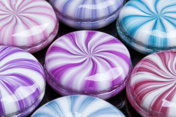 Obraz premium Colorful swirl-patterned candy pieces arranged in an eye-catching display showcasing shades of purple, pink, and blue with a glossy finish.