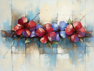 Vibrant Abstract Painting of Colorful Flowers on Textured Background, artistic plants and flowers illustration watercolor design