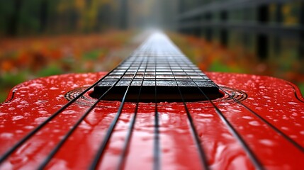 Red Guitar Close-Up Focus on Strings and Body with Blurred Background, music instruments