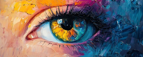 Colorful oil painting of a conceptual abstract eye, painted with a palette knife, blending bright and bold hues on canvas