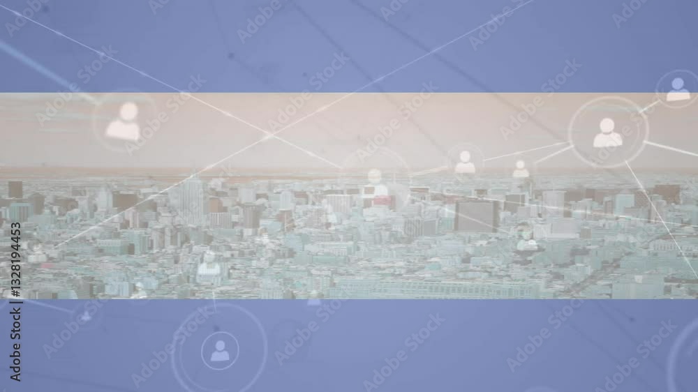 Poster animation showing cityscape with network connections and user icons overlaying scene