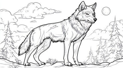 Obraz premium Black and white wolf illustration, nature background, coloring page, kids art