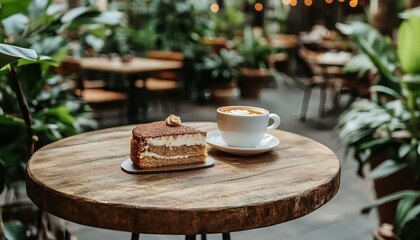 Cozy Cafe Scene with Cake and Coffee Surrounded by Greenery