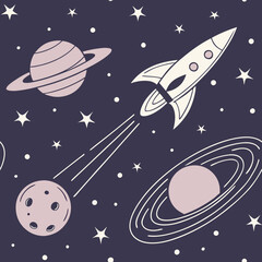 Naklejka premium This mesmerizing celestial pattern masterfully blends the beauty of space with the thrill of science fiction. Spaceships, planets, and alien landscapes create a sophisticated and visually stimulating