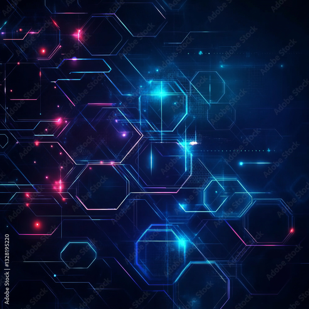 Poster futuristic digital network with glowing blue and pink hexagonal patterns