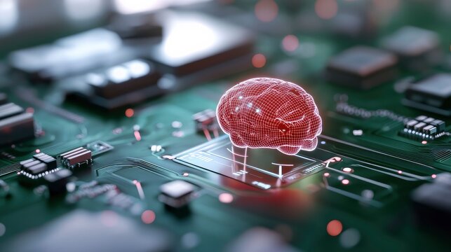 Abstract digital brain model on a circuit board, representing artificial intelligence and technological advancement.