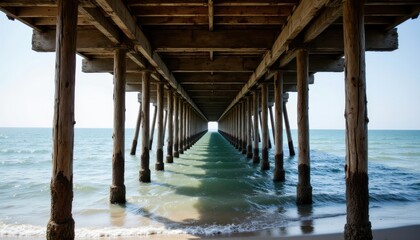 The sun drenched Michigan pier stood proudly against the vast lake stretches, its weathered wood beams telling tales of a bygone era