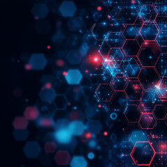 Obraz premium Glowing Hexagonal Network with Interconnected Digital Lines in Blue and Red