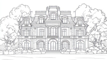 Elegant French-style Mansion Blueprint, Outdoor Scenery, Architectural Design, Stock Photo