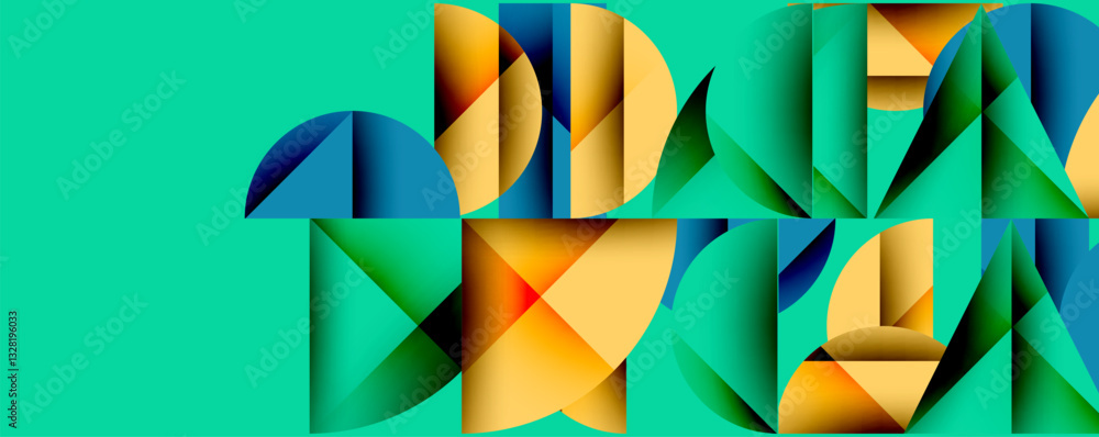 Poster Abstract geometric background with layered gradient shapes forming dynamic patterns. Overlapping semi circles and triangles create depth and contrast