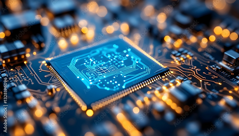 Poster close-up of a computer microchip, showcasing intricate circuitry and glowing elements. high-tech det