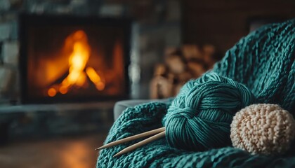 Cozy Knitted Fabric with Yarn Balls and Warm Fireplace Glow