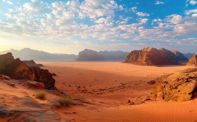Fototapeta premium Expansive Desert Landscape at Sunset with Mountains and Cloudy Sky in Wadi Rum, Jordan Capturing Serene Natural Beauty and Tranquility