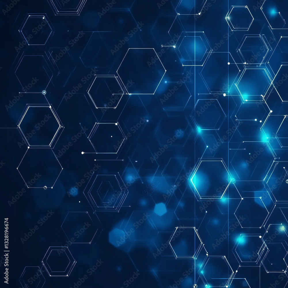 Poster abstract interconnected hexagonal network in shades of blue with digital glow