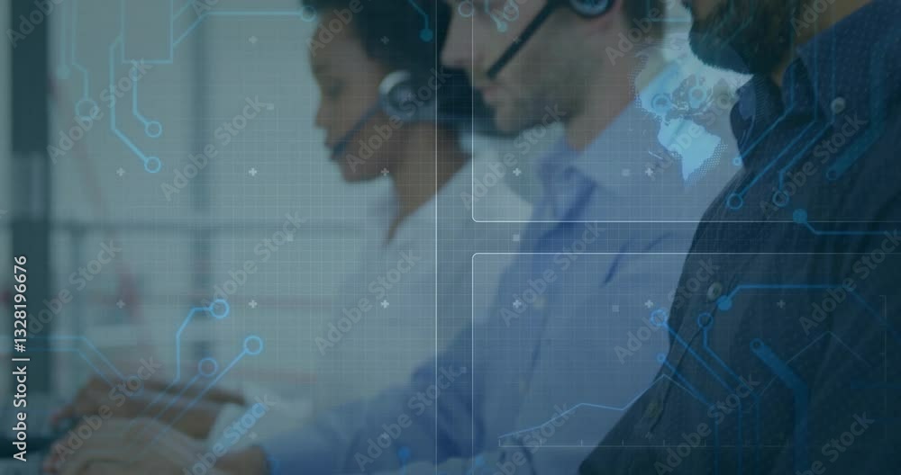 Poster customer service team working with digital network connections overlay animation