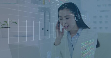 Analyzing financial data charts with animation overlay, businesswoman wearing headset - Powered by Adobe