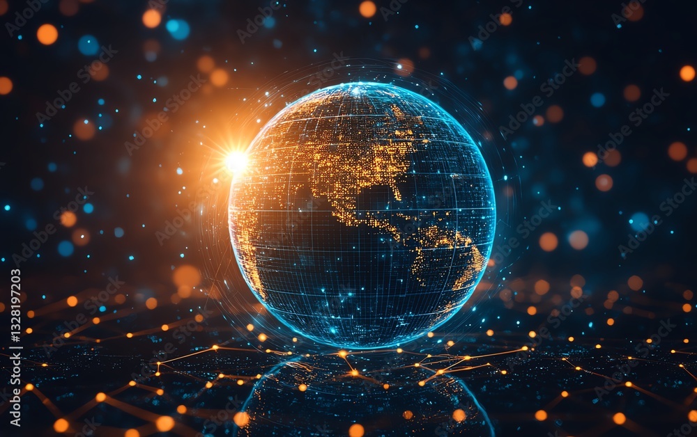 Poster concept of global internet and telecommunication networks with digital globe surrounded by satellite