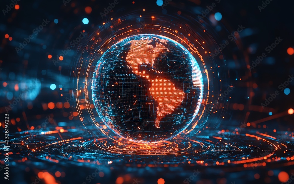 Poster concept of global internet and telecommunication networks with digital globe surrounded by satellite