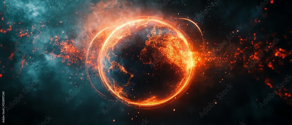 Poster digital graphic world globe with satellite orbit circles, symbolizing global telecommunication and i