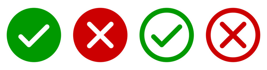 Set of green check marks and red cross icons in filled and outline styles, symbolizing correct and incorrect choices. Ideal for UI, web, apps, presentations, and decision-making visuals. Icons, vector