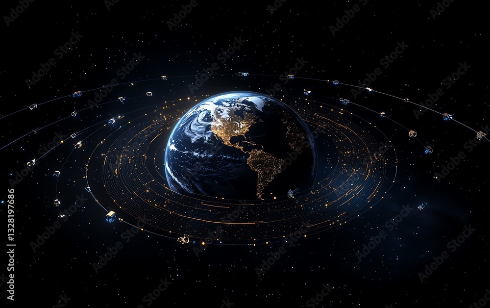Poster 3d rendering of digital world globe surrounded by orbiting satellite circles, representing internet 