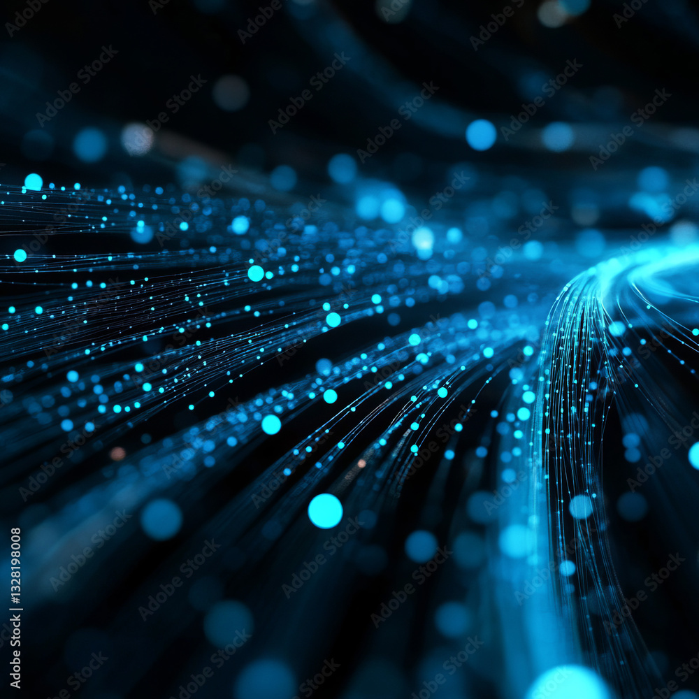 Poster luminous blue strands and particles representing data flow in a digital space