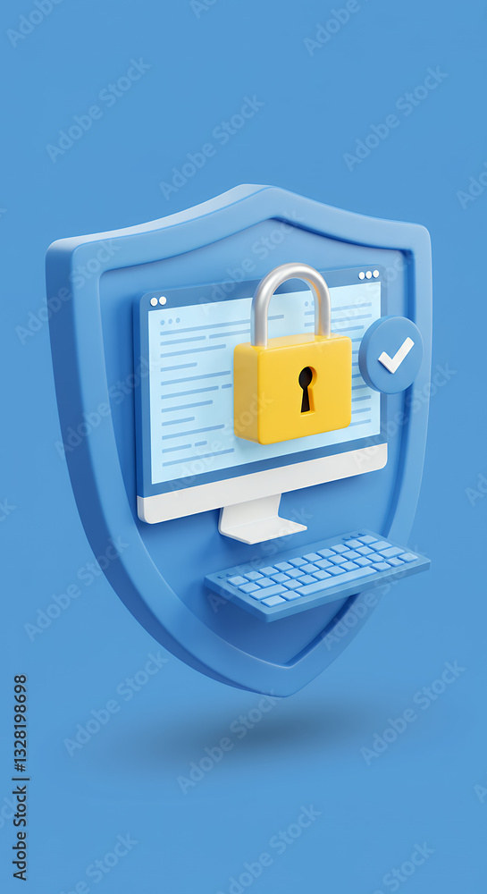 Poster secure online: data protection shield with padlock, computer & keyboard. digital security, cyber saf