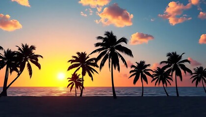 Tropical Beach Paradise: Silhouetted Palms and Radiant Sunset over Ocean