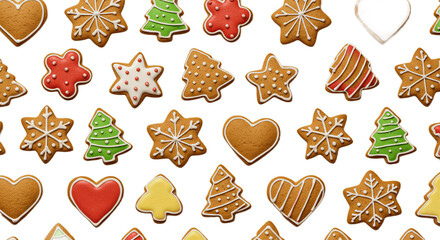 Seamless pattern of Christmas gingerbread cookies and holiday decorations on transparent background, png