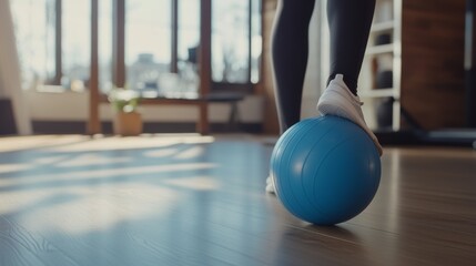 Indoor Fitness Activity with a Blue Balance Ball and Natural Light in a Modern Home Gym