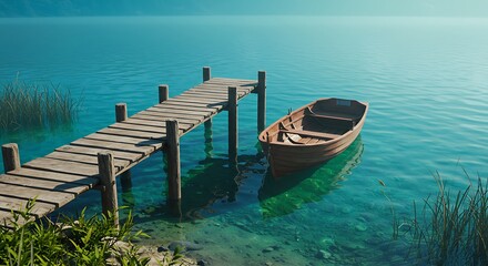 Obraz premium Wooden Dock and Boat on Calm Turquoise Lake Landscape