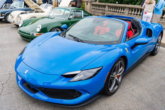 Chicago, Illinois - September 29, 2024: Ferrari 296 GTS or GTB blue color. Ferrari 296 GTS or GTB parked on the street. corner view. Luxury Ferrari 296 GTS or GTB in Chicago