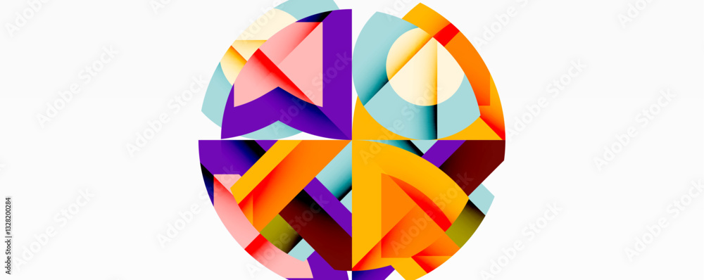 Poster Abstract geometric composition with interlocking circular and angular shapes, featuring smooth gradients and sharp contrasts on a white background