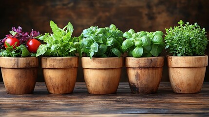 Five potted herbs on wooden table.